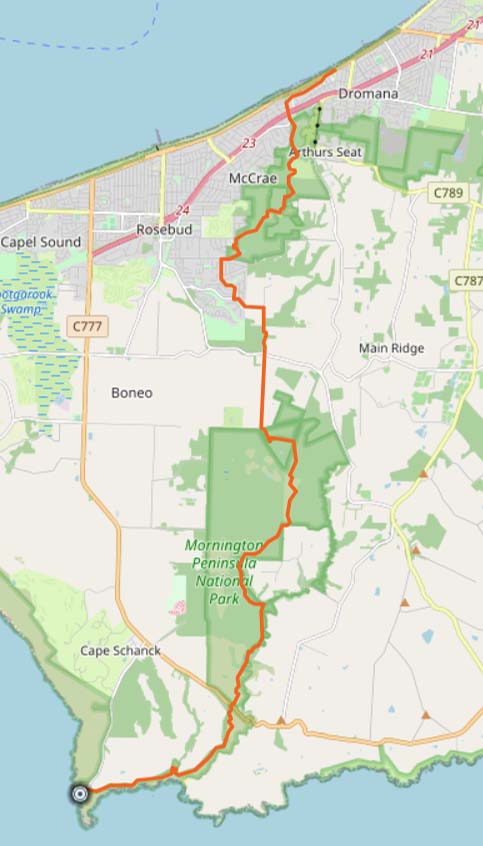 A map with the Two Bays Walking Track highlighted